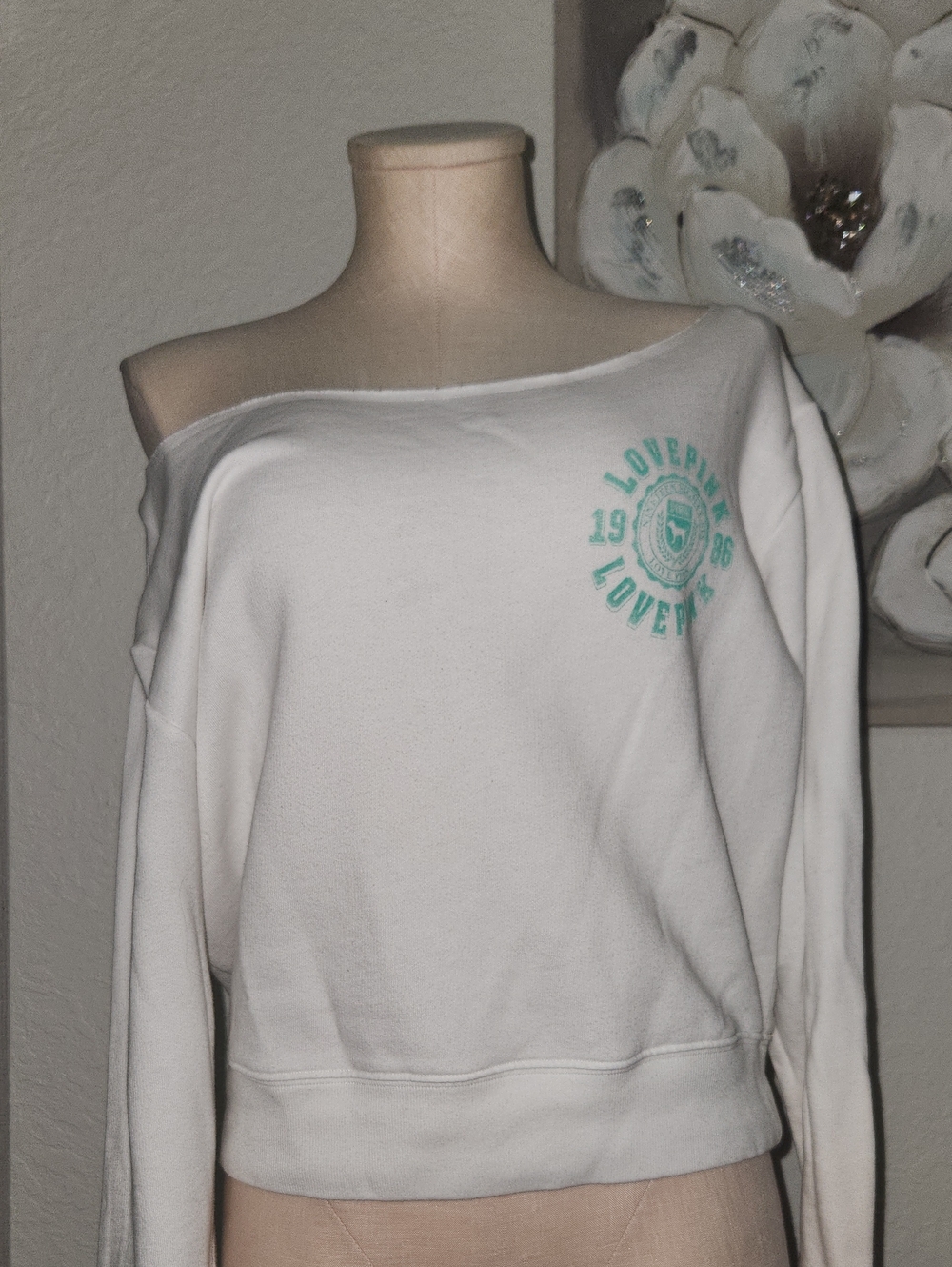 PINK Victoria's Secret White Off-the-Shoulder Sweatshirt with Teal Graphic